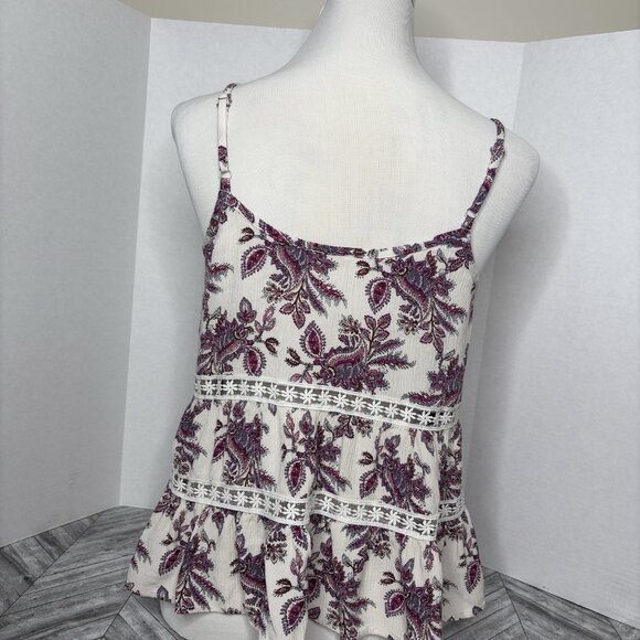Love & Piece Wine and White Smocked Cropped Tank Spaghetti Strap Lace BOHO EUC - Picture 4 of 8